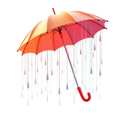 A vibrant red and orange umbrella, dramatically displayed against a black background, simulates rainfall with stylized white drips, evoking a surreal, modern artistic depiction.