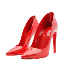 Elegant pair of shiny, red high-heeled shoes presented on a stark black background, creating a dramatic contrast that emphasizes the footwear's sleek design and vibrant color, evoking style and...