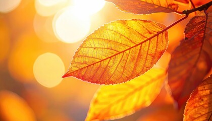 Obraz premium Sunlit Autumn Leaves in Golden Hour Forest Canopy with Warm Tones and Bokeh Effect Natural Atmosphere and Blurred Background Macro Shot