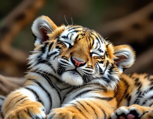 A close-up of a baby tiger cub sleeping peacefully