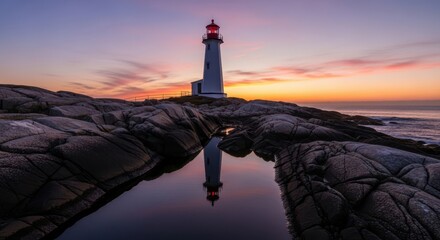 Iconic lighthouse reflecting in calm water at sunset serene coastal scenery