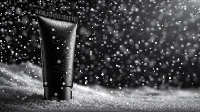 Black cosmetic cream tube mockup in the snow during winter with falling snowflakes  