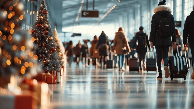 Busy airport terminal during Christmas holiday season with travelers  