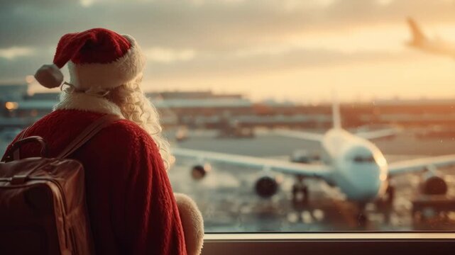 Santa Claus waiting for a flight at the airport, Christmas travel concept