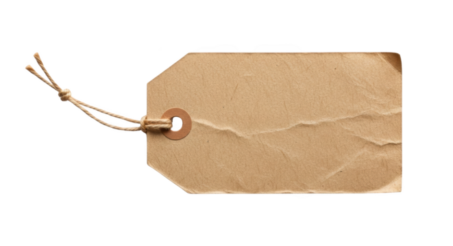 Crumpled brown kraft paper tag isolated on white background featuring tag, label, price, gift, ticket minimalist