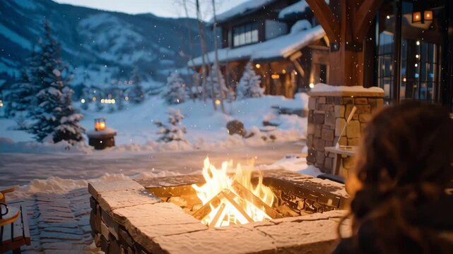 Friends gathered around a fire at a ski lodge in snowy winter  