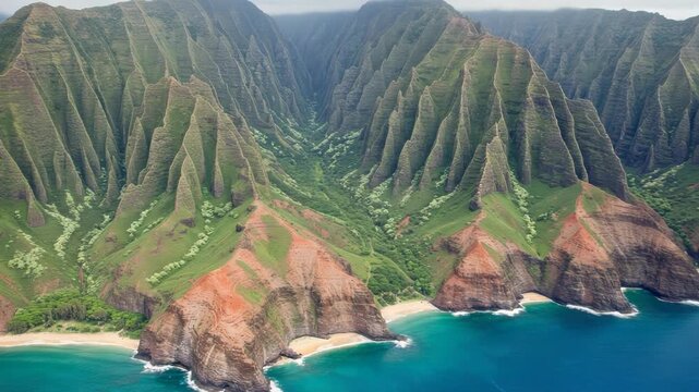 Aerial view of the na pali coast on kauai, hawaii, with turquoise ocean
