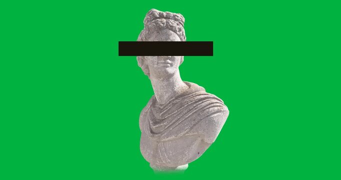 Animation of ancient bust sculpture turning with glitch on transparent background