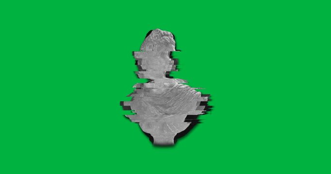 Animation of ancient bust sculpture turning with glitch on transparent background