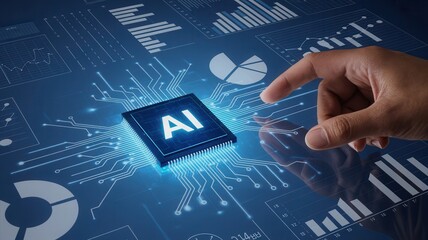 Futuristic AI technology powering data analytics and business intelligence insights, a hand interacts with digital circuits for innovation.