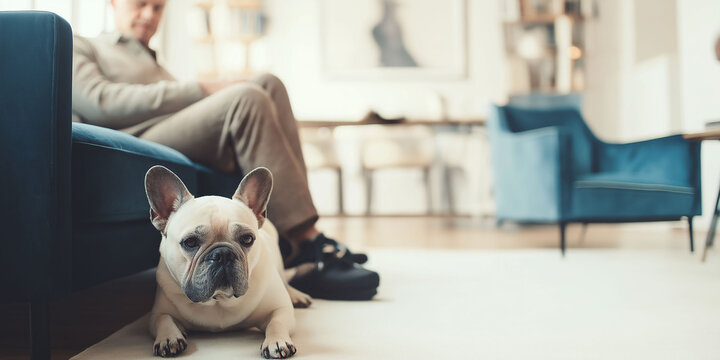 A man is sitting on a blue couch with a dog laying on the floor in front of him - Powered by Adobe