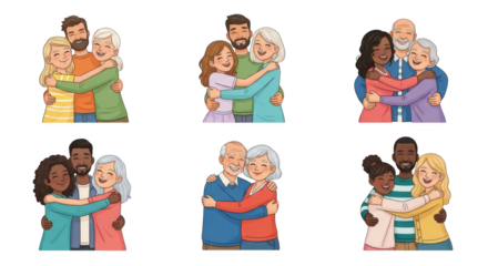 Diverse Families Embracing Each Other featuring family, hug, embrace, love, togetherness high quality realistic mockup isolated