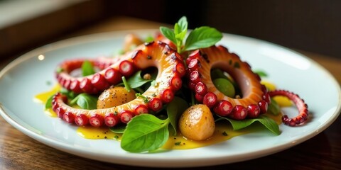 A delectable arrangement of grilled octopus, tender potatoes, and vibrant greens, artfully drizzled with a citrus dressing, presented on an elegant plate.