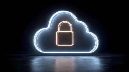Secure cloud data protection icon glowing neon padlock symbol in a dark futuristic digital environment symbolizing cybersecurity and safe online storage solutions for modern businesses