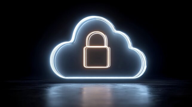Secure cloud data protection icon glowing neon padlock symbol in a dark futuristic digital environment symbolizing cybersecurity and safe online storage solutions for modern businesses - Powered by Adobe
