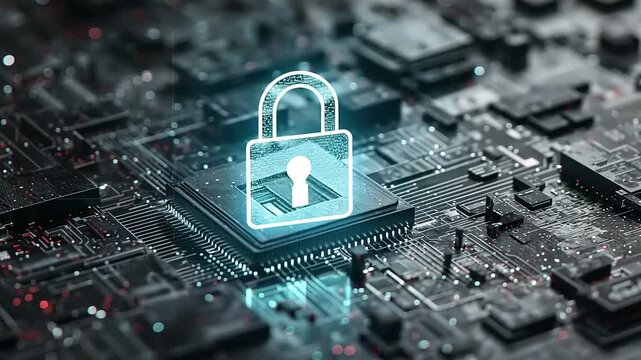 Digital security concept illustrating a locked padlock over a microchip with circuit patterns in the background
