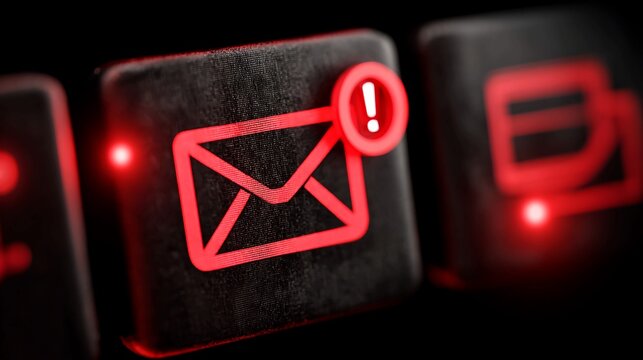 Urgent email notification alert on dark textured keyboard with glowing red icon, signaling important message or warning, digital communication concept