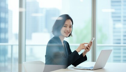 オフィスで微笑みながらスマホを持つ女性