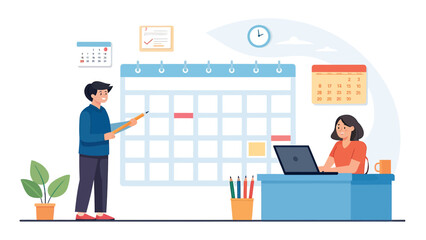 Office workers using calendar for planning and scheduling tasks
