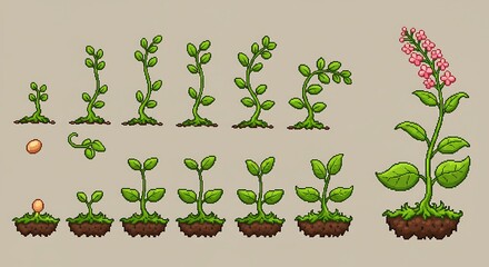 Illustrated Plant Growth Stages from Seed to Bloom. Game Asset Evolution, Life Cycle, and Development for 2D Games