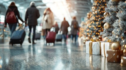 Holiday travelers with luggage walking past Christmas tree and gifts at airport