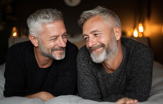 A mature, affectionate gay couple relaxing on their bed at home