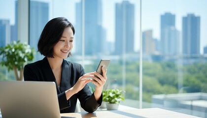 PCとスマホを手にオフィスで微笑む女性