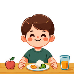 Illustration of a Happy Boy Enjoying Healthy Food at a Table on a White Background