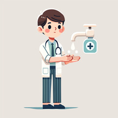 Doctor Washing Hands with Soap Cartoon Illustration in White Background