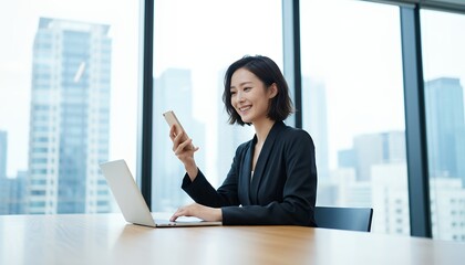 デスクでスマホを見て微笑むビジネスパーソン