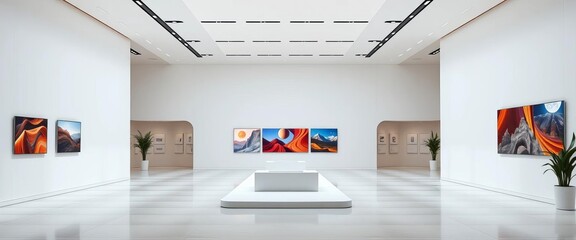 Modern minimalist exhibition hall with clean lines and neutral colors,  business,  bright