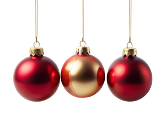 Three Christmas Ornaments Hanging on Black Background Red and Gold Holiday Decorations