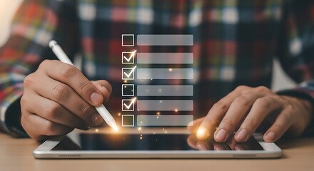 Person checking items on digital list checklist tablet