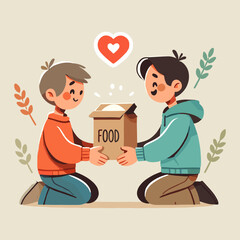 Illustration of a boy giving food aid to a person in need