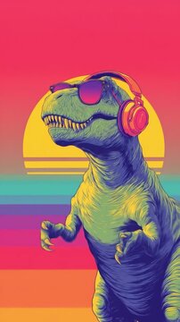 A neon-tainted dinosaur wearing pink headphones and sunglasses stands against a retro gradient vibe