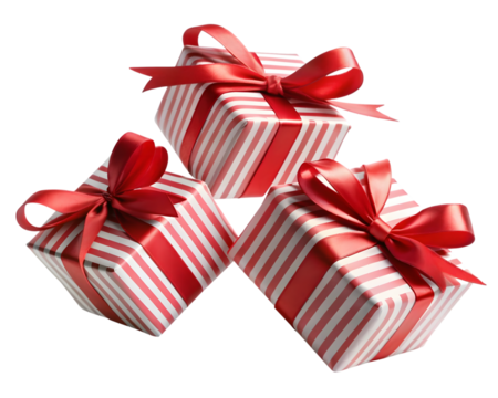 Three Red and White Striped Gift Boxes with Red Ribbons on Black Background