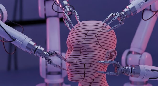 Robotic arms assembling a futuristic humanoid head with intricate details