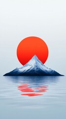 Serene Landscape with Mountain, Reflective Water, and Bold Red Sun at Dusk