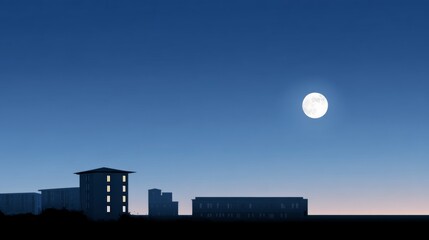 Dark silhouettes of buildings under a full moon against a gradient blue sky at dusk