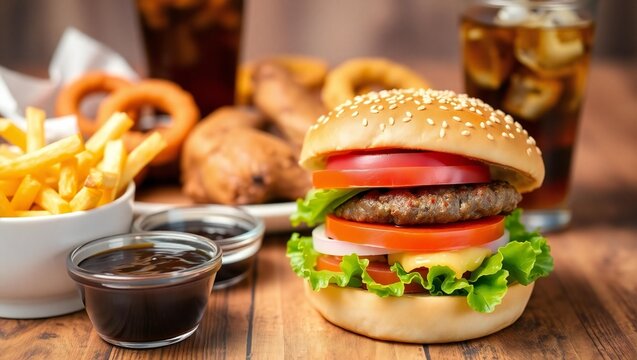 Delicious hamburger with fries onion rings and soda on a wooden table - Powered by Adobe
