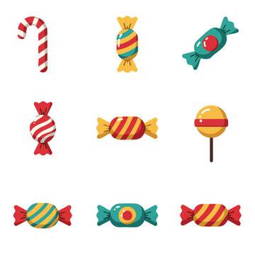 Nine colorful candy illustrations including lollipops  wrapped sweets arranged in a 3x3 grid