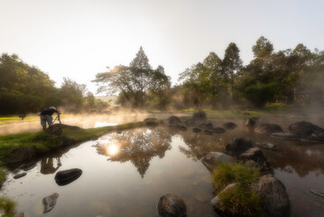 Environment hot spring in sunrise time at Jaeson National Park in Lampang, Thailand