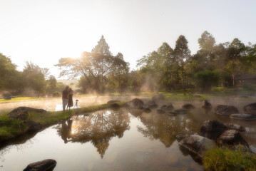 Environment hot spring in sunrise time at Jaeson National Park in Lampang, Thailand
