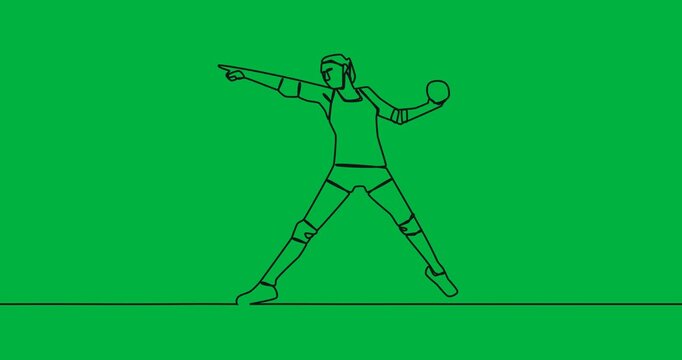 Animation of drawing of female handball player with ball on transparent background