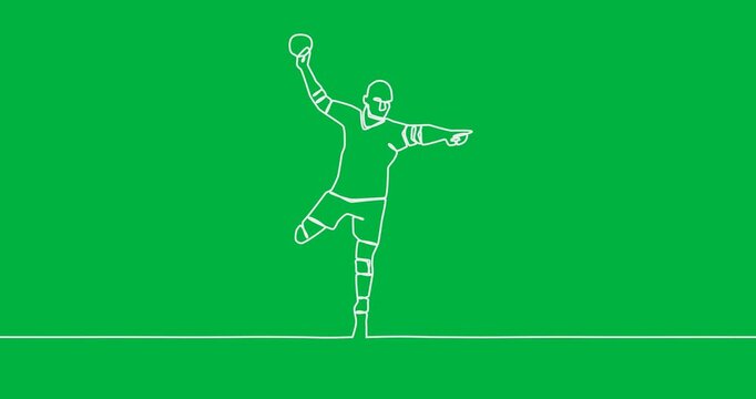 Animation of drawing of male handball player with ball on transparent background