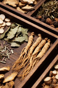 traditional Chinese herbal medicine displayed on wooden tray with dried plants, roots and leaves, natural healing, holistic health, wellness concept, apothecary style.Generated by AI