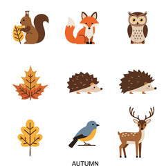 Fototapeta premium Nine illustrations show autumn animals leaves and the word AUTUMN