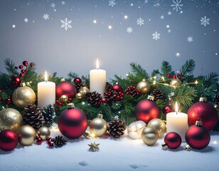 Christmas Still Life with Ornaments, Pinecones, and Fairy Lights