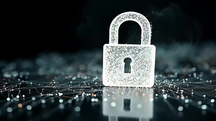 Digital representation of a shimmering padlock symbolizing cybersecurity amidst a network of connections - Powered by Adobe