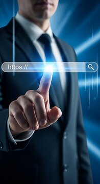 Man in suit touching search bar shirt finger